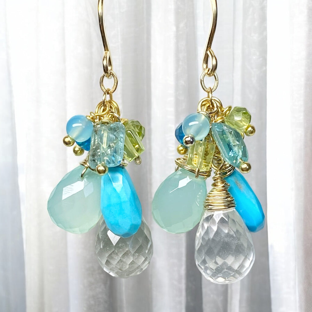 Aqua Gold Filled Dangle Earrings Crystal Quartz & Turquoise