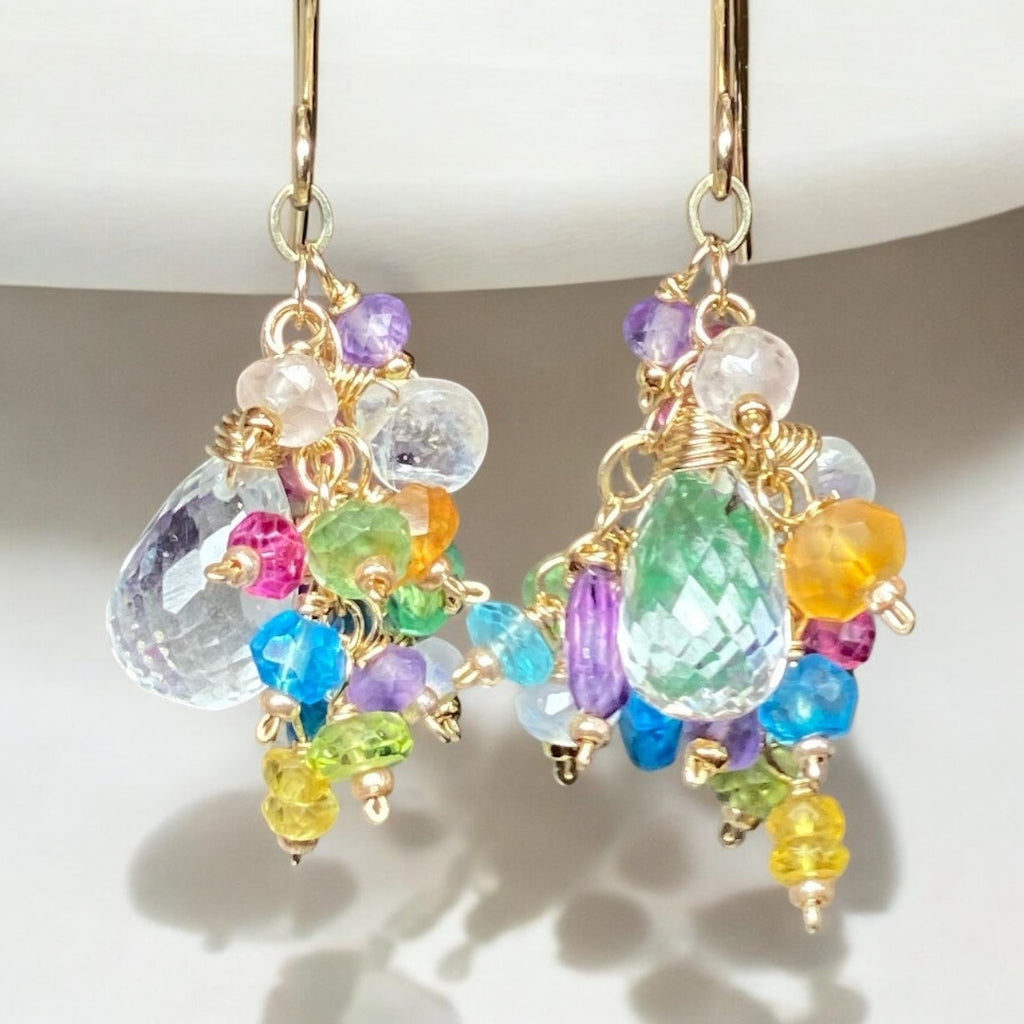 Crystal Quartz Dangle Earrings with Multi Gemstone Cluster Gold Fill 8