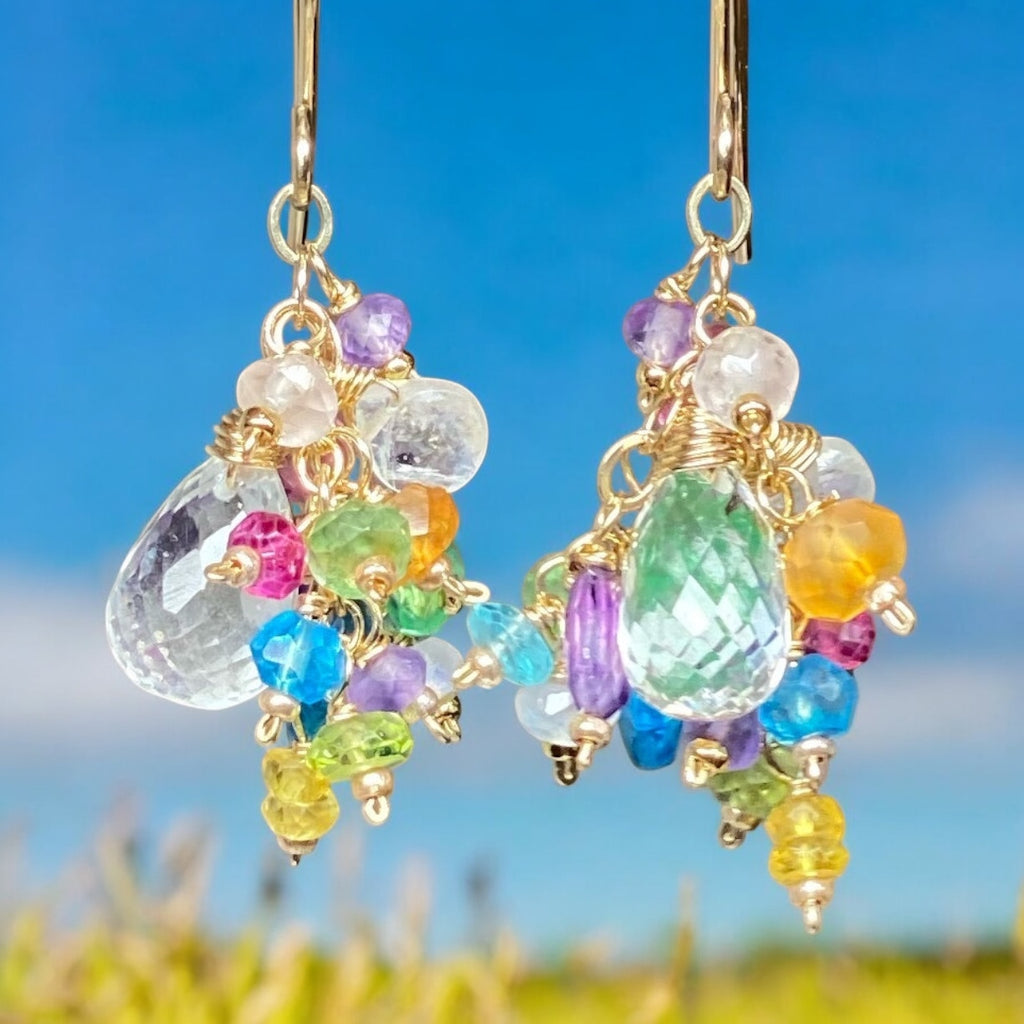 Crystal Quartz Dangle Earrings with Multi Gemstone Cluster Gold Fill 8