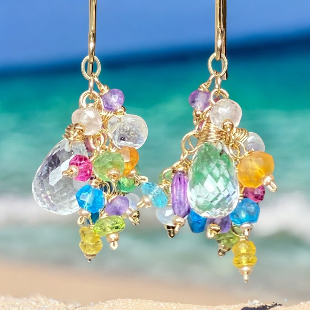 Crystal Quartz Dangle Earrings with Multi Gemstone Cluster Gold Fill 8