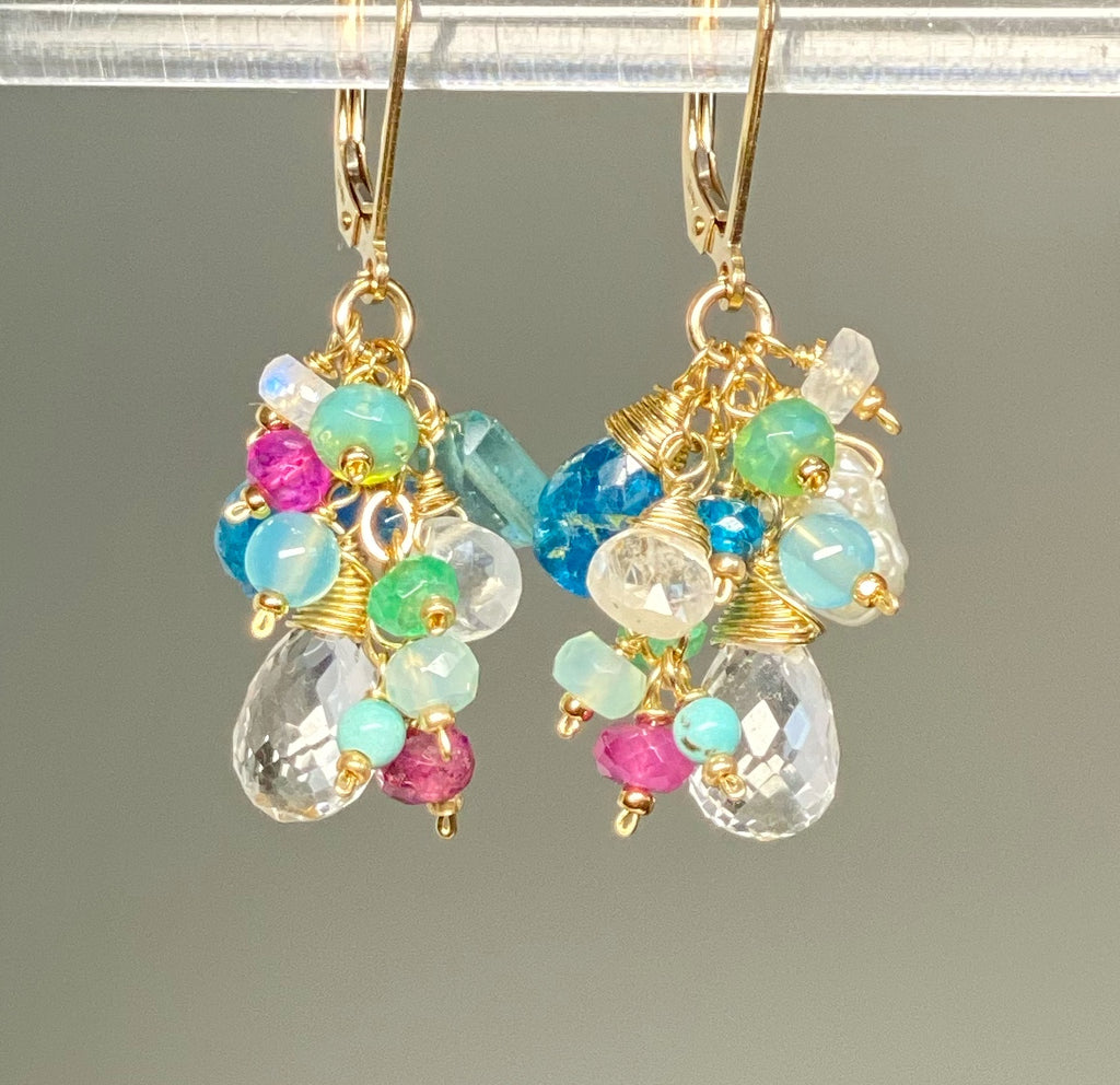 Crystal Quartz Dangle Earrings with Multi Gemstone Cluster 7