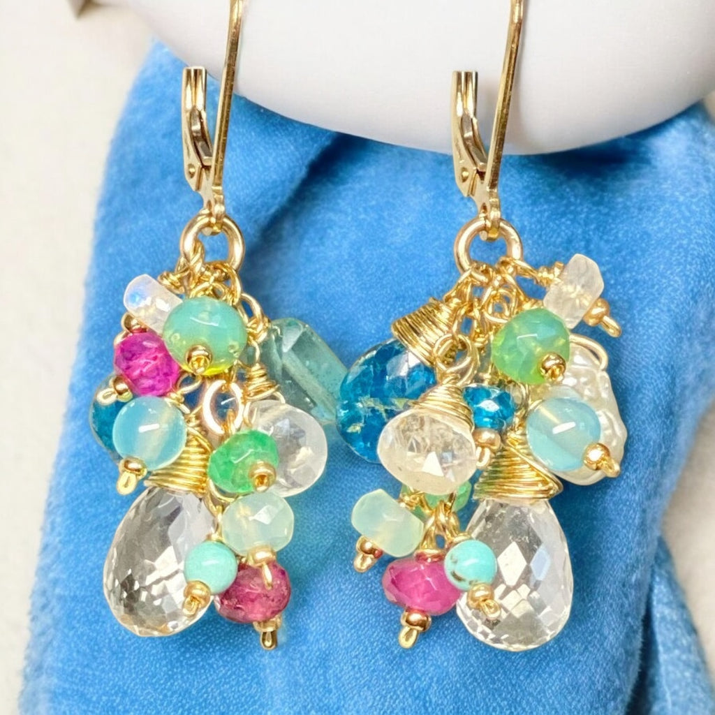 Crystal Quartz Dangle Earrings with Multi Gemstone Cluster 7