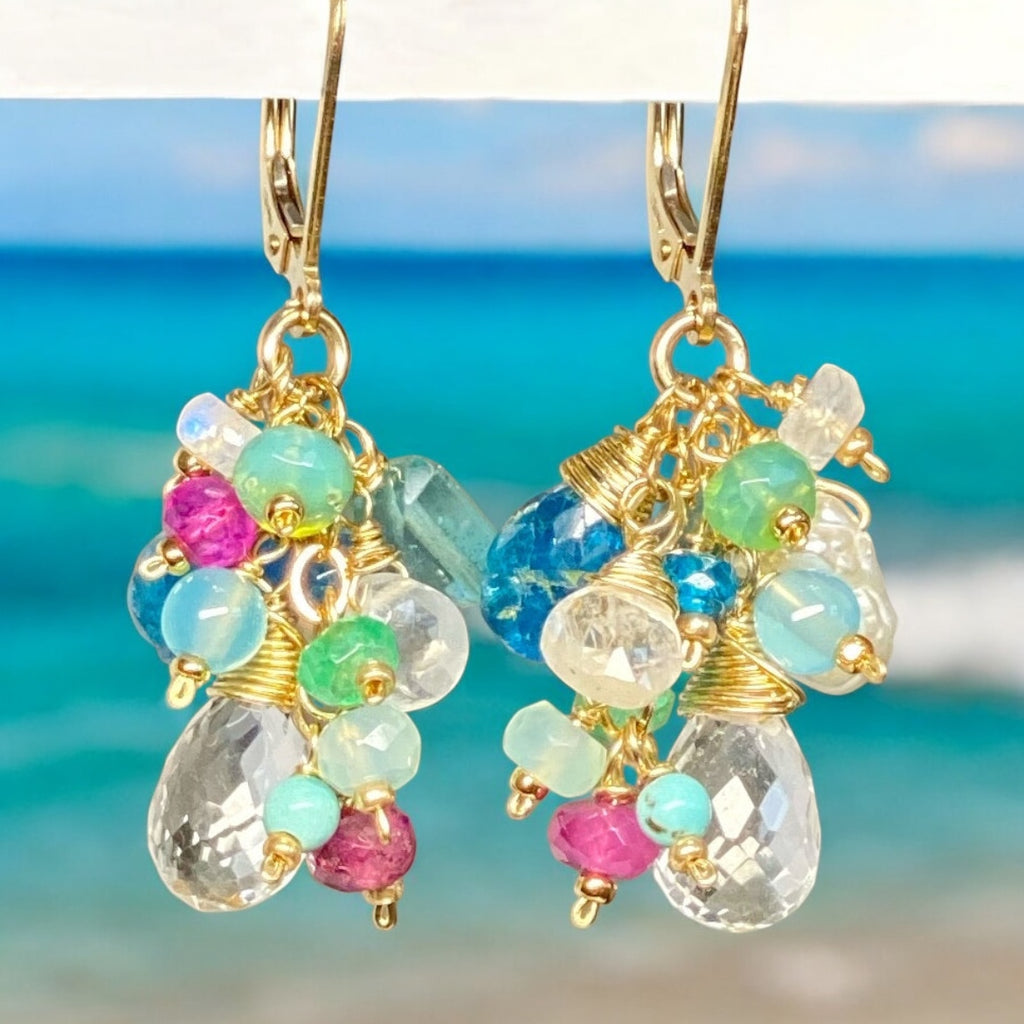 Crystal Quartz Dangle Earrings with Multi Gemstone Cluster 7