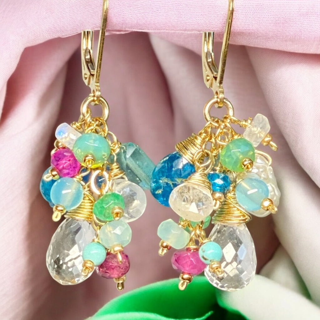 Crystal Quartz Dangle Earrings with Multi Gemstone Cluster 7