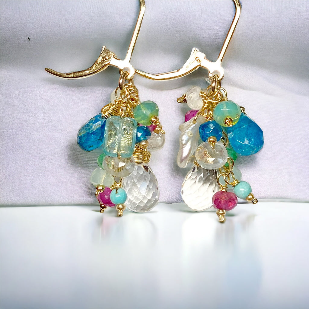 Crystal Quartz Dangle Earrings with Multi Gemstone Cluster 7