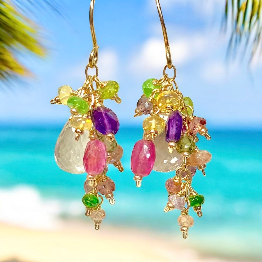 Crystal Quartz Dangle Earrings with Multi Gemstone Cluster in Gold Fill, 12