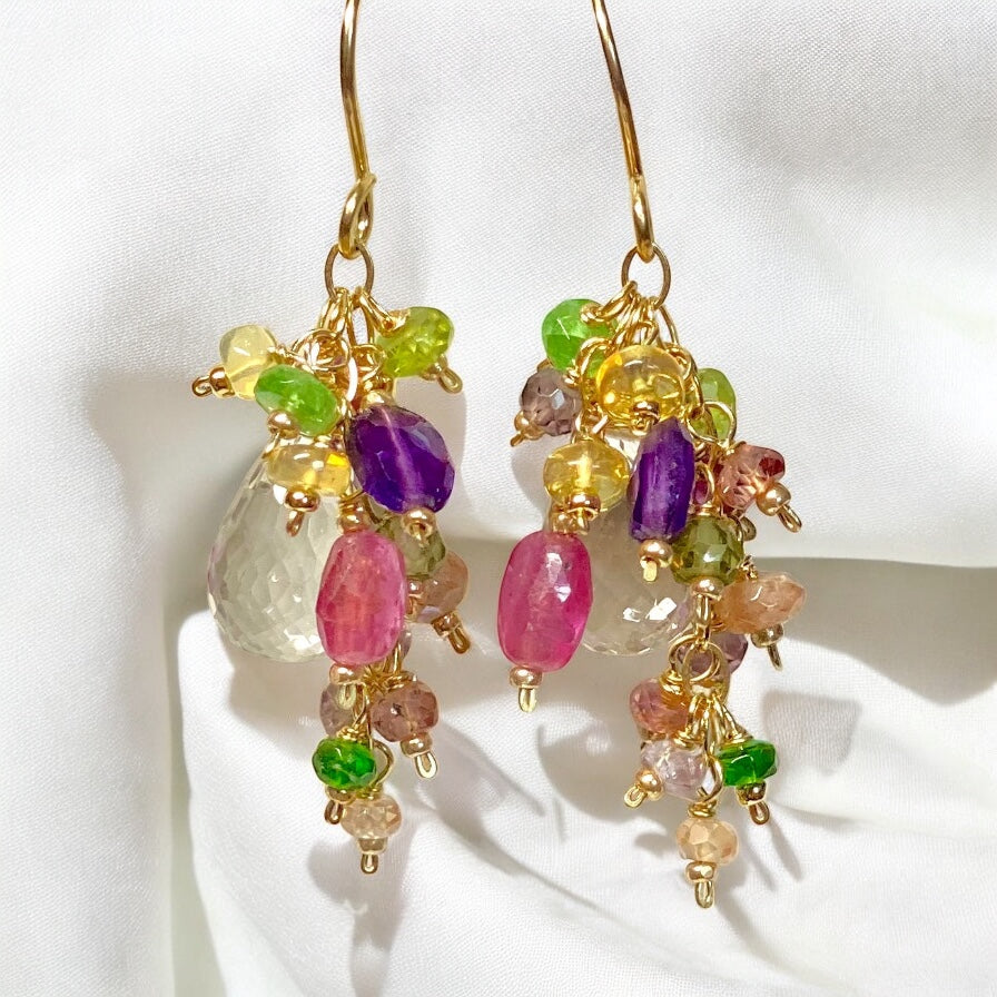 Crystal Quartz Dangle Earrings with Multi Gemstone Cluster in Gold Fill, 12
