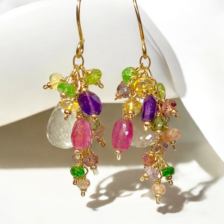 Crystal Quartz Dangle Earrings with Multi Gemstone Cluster in Gold Fill, 12