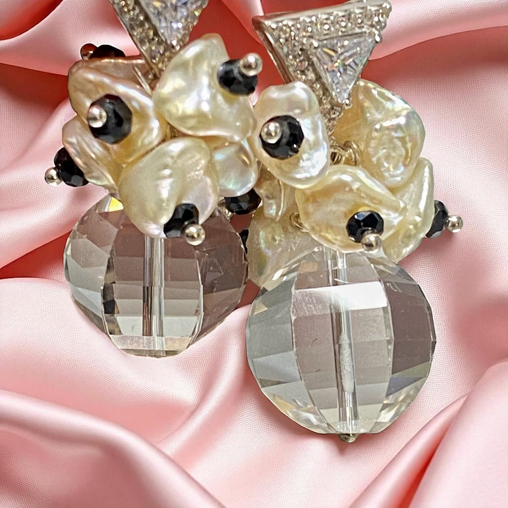 Clear Crystal Quartz Wedding Earrings Sterling Silver Black Spinel Post Earrings