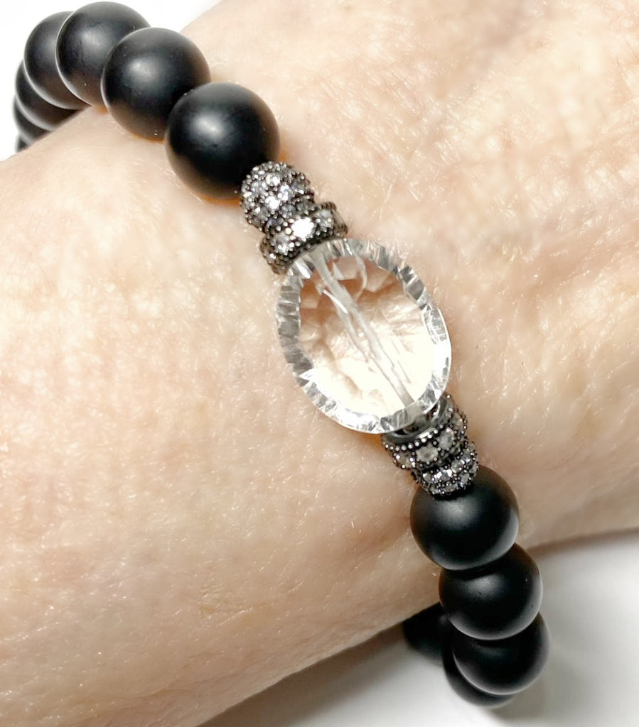 Black Onyx Stretch Bracelet with Crystal Quartz and Black Pave CZ