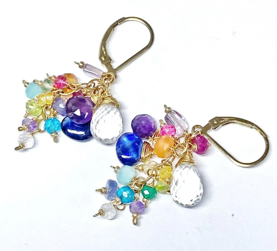 Crystal Quartz Dangle Earrings with Multi Gemstone Cluster, Purple, Blue, Pink