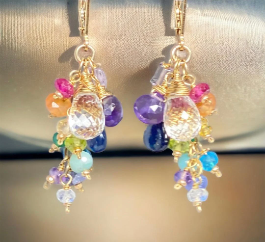 Crystal Quartz Dangle Earrings with Multi Gemstone Cluster, Purple, Blue, Pink