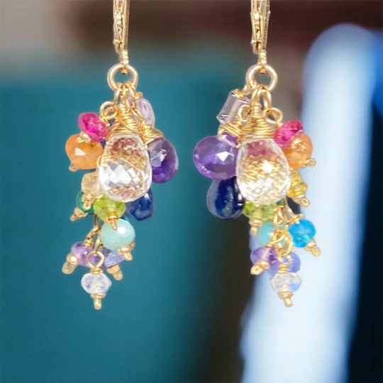 Crystal Quartz Dangle Earrings with Multi Gemstone Cluster, Purple, Blue, Pink 3