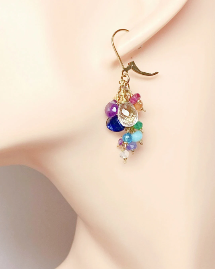 Crystal Quartz Dangle Earrings with Multi Gemstone Cluster, Purple, Blue, Pink 3