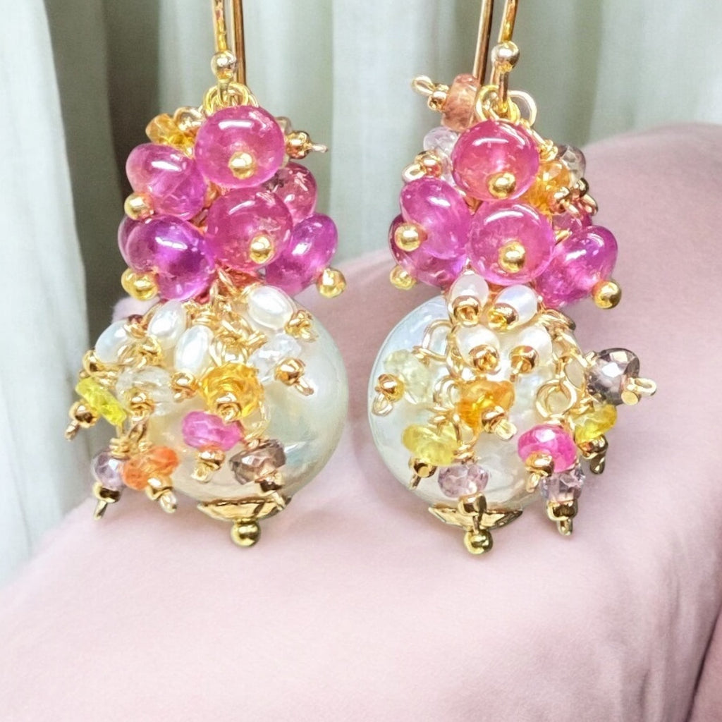 Pearl and Pink Sapphire Cluster Earrings Gold 3