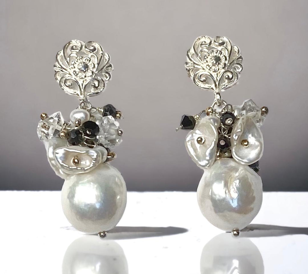 White Edison Pearl Cluster Earrings with Herkimer Diamond, Black Spinel