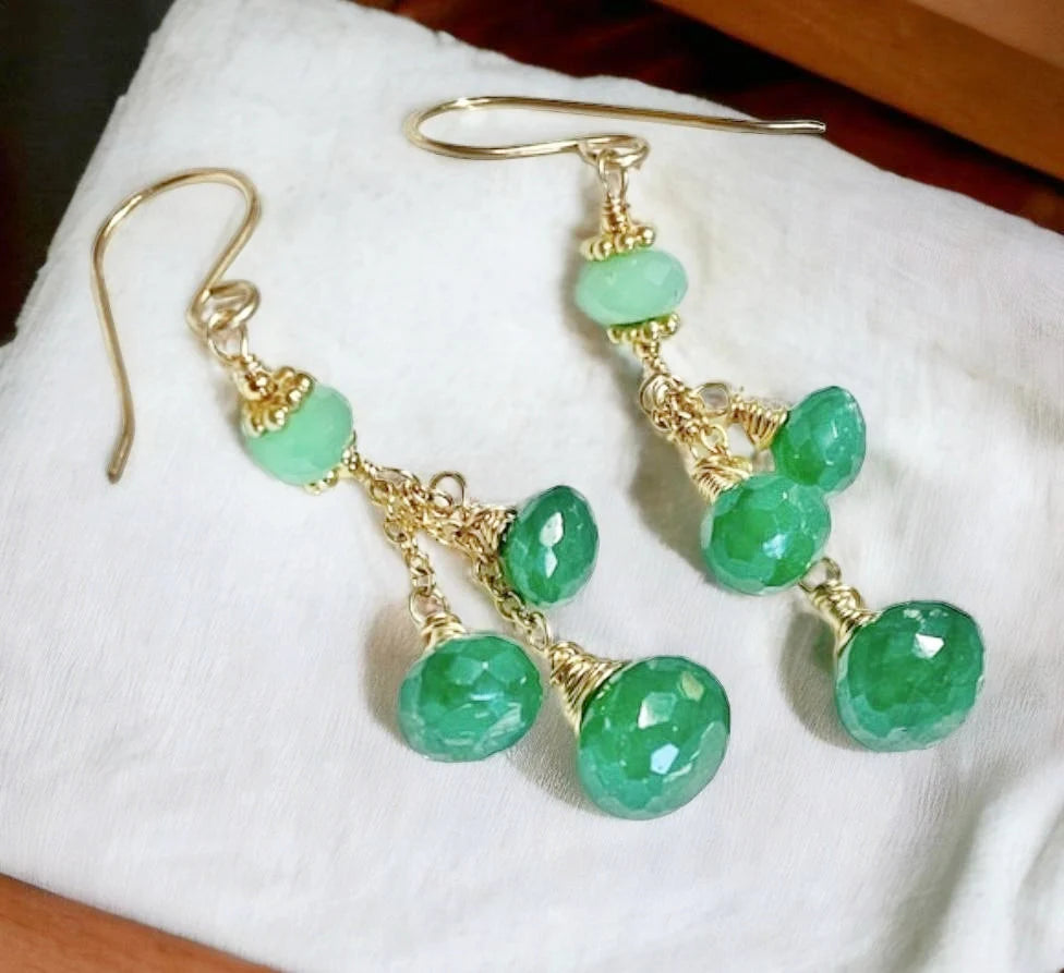 Emerald and Chrysoprase Dangle Earrings in Gold Fill