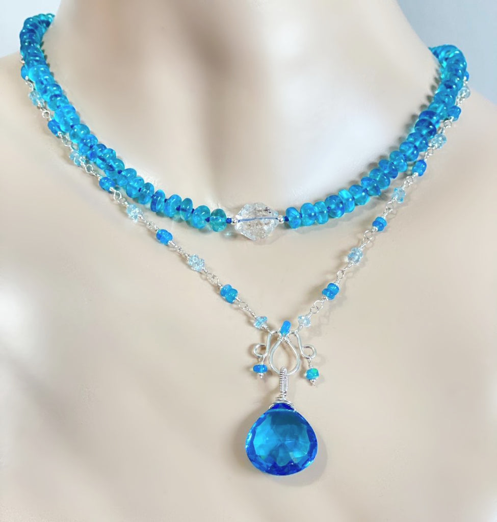 Blue Topaz, Opal and Gemstone Pendant Necklace Rosary Style Sterling Silver