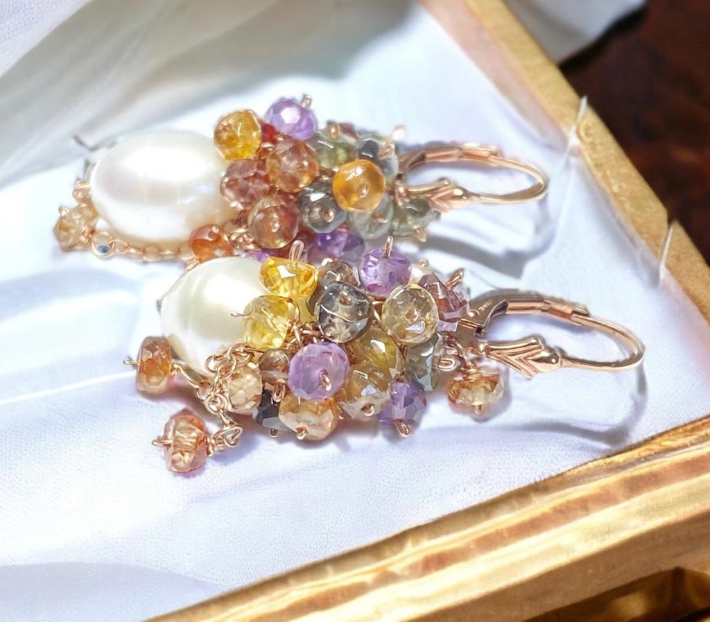 multi gemstone cluster and pearl earrings in rose gold fill