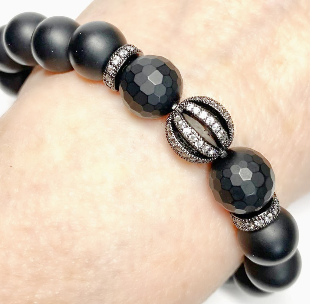 Black Onyx Stretch Bracelet with Black Pave CZ