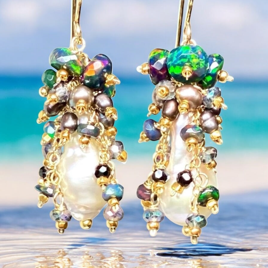 Baroque Pearl Earrings with Fiery Black Ethiopian Opals 2