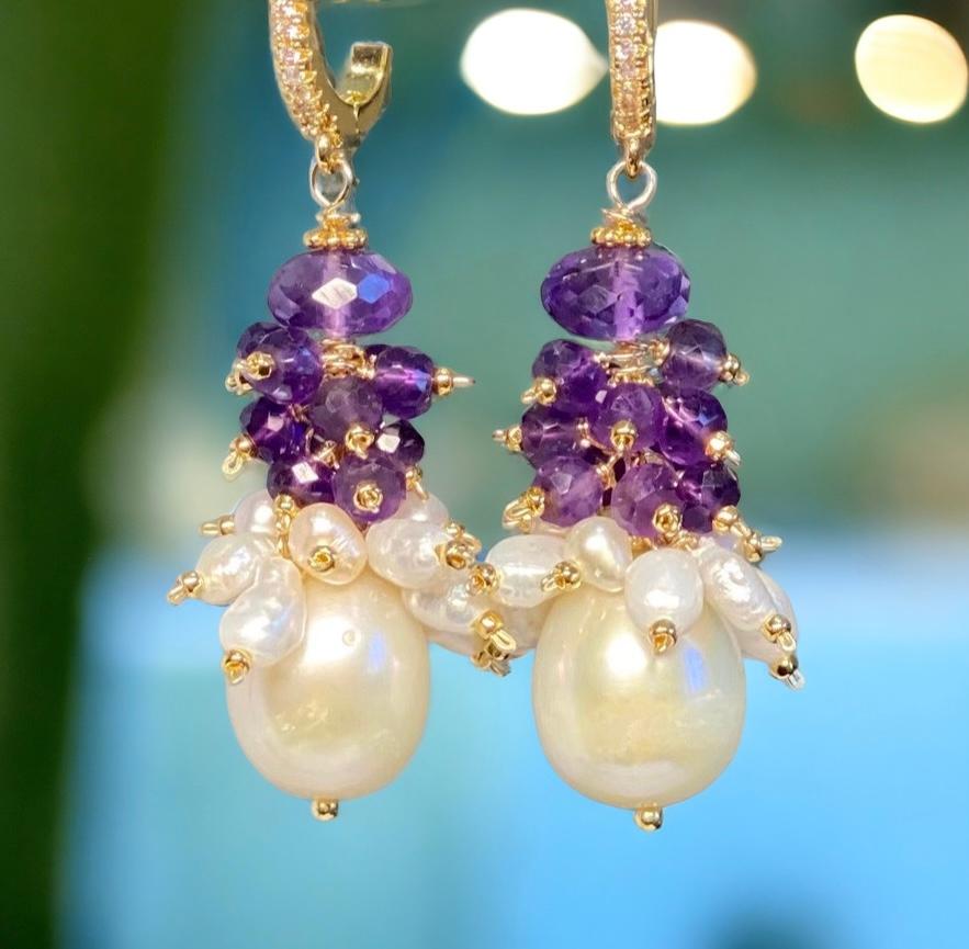 Amethyst Cluster Ivory Baroque Pearl Earrings