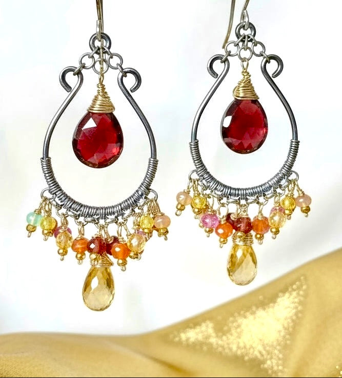 Red Garnet and Citrine Mixed Metal Hoop Chandelier Earrings