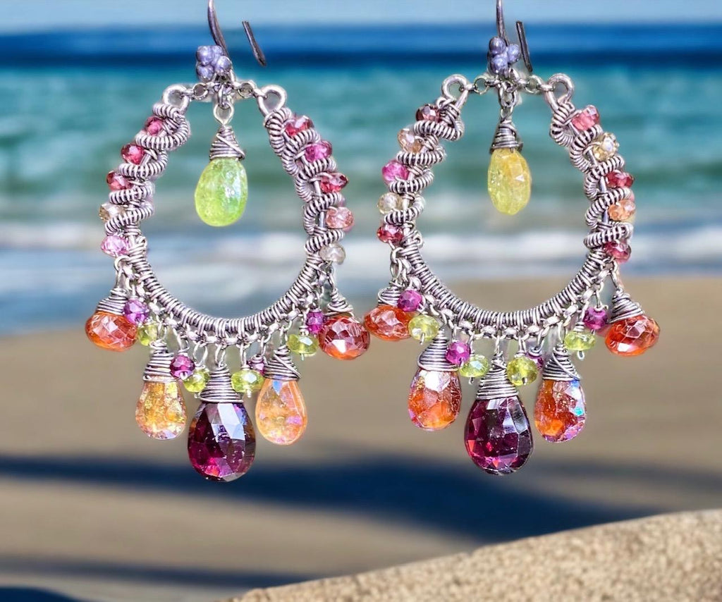 Multi-color Garnet Chandelier Hoop Earrings Coiled Oxidized Sterling Silver