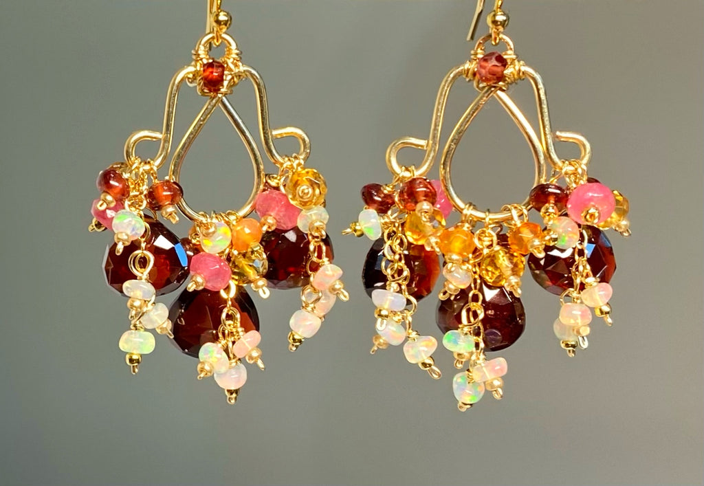 Red Garnet Chandelier Earrings Opal Dangle Gold Fill