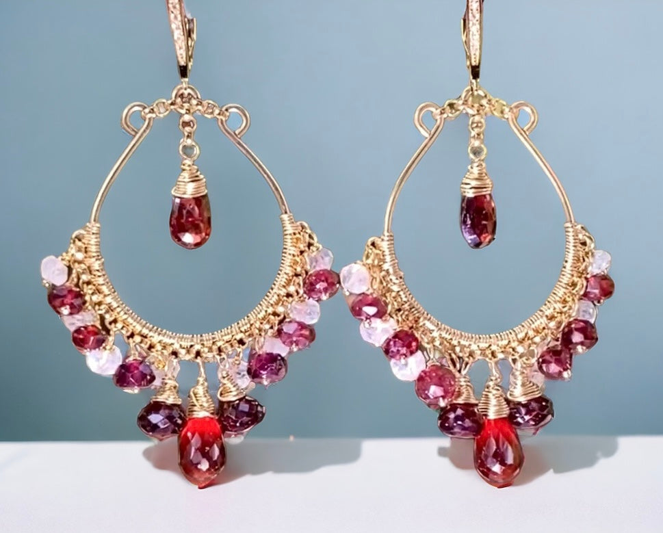 Red Garnet Gold Hoop Earrings Rainbow Moonstone