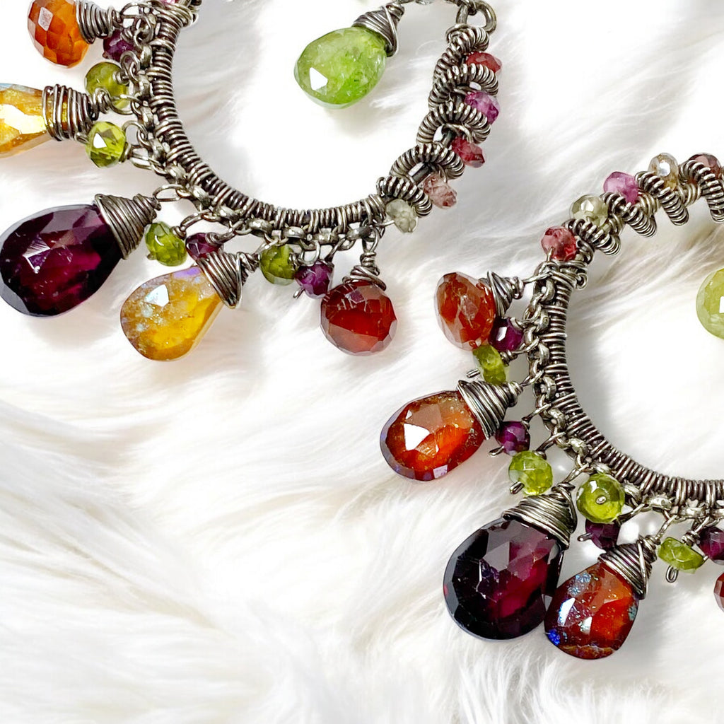 Multi-color Garnet Chandelier Hoop Earrings Coiled Oxidized Sterling Silver