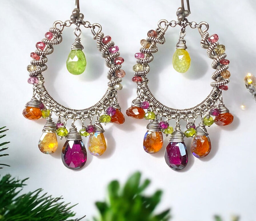 Multi-color Garnet Chandelier Hoop Earrings Coiled Oxidized Sterling Silver