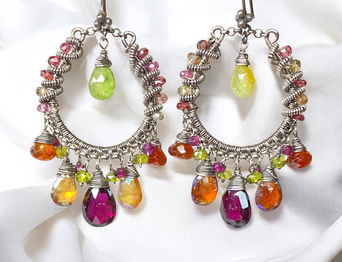 Multi-color Garnet Chandelier Hoop Earrings Coiled Oxidized Sterling Silver