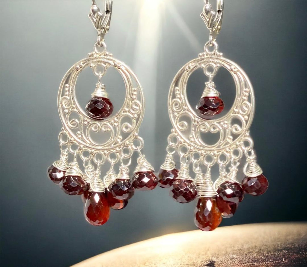 Garnet Chandelier Earrings Sterling Silver Garnet Hoops