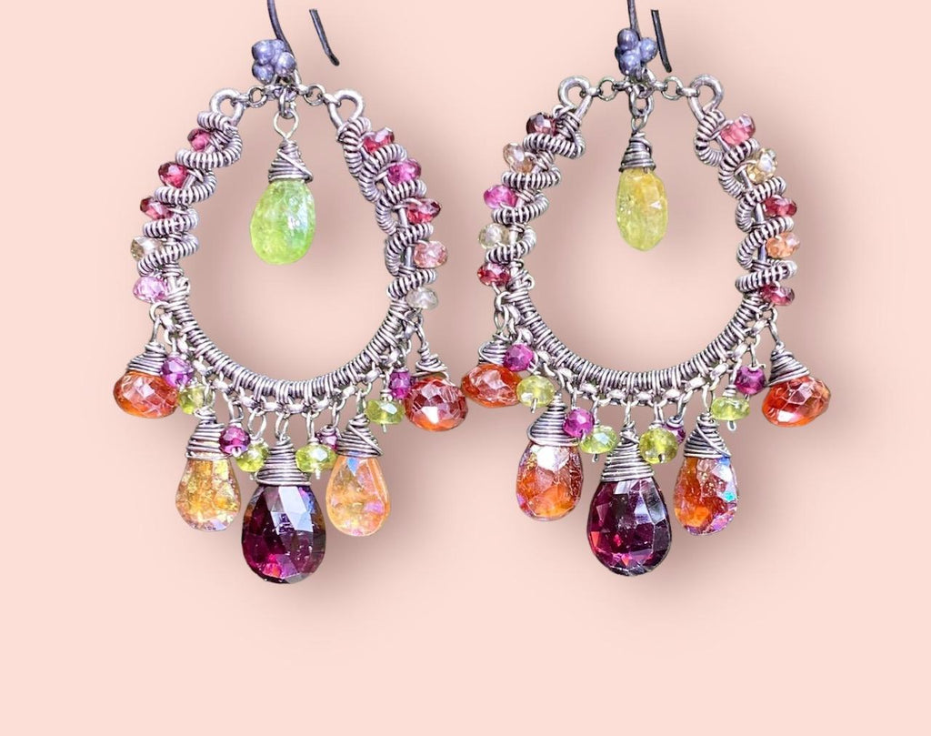coiled oxidized sterling silver handmade colorful garnet chandelier hoop earrings