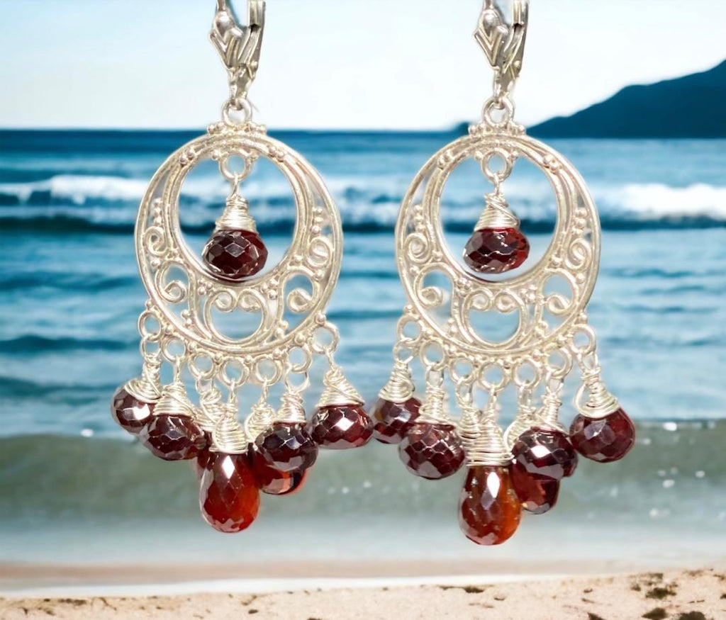 Garnet Chandelier Earrings Sterling Silver Garnet Hoops