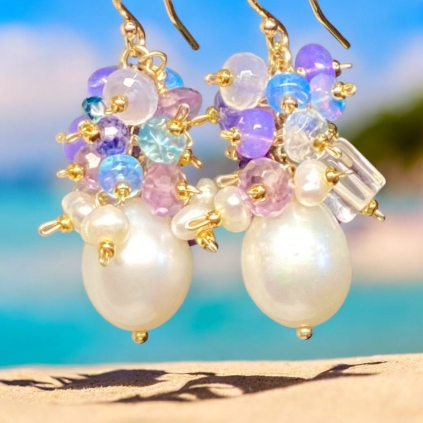 Gemstone Cluster Pearl Earrings Amethyst Iolite Gold Post