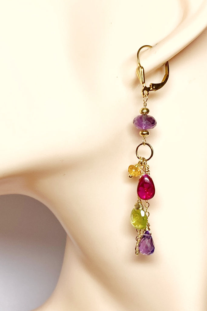 Gemstone Long Chain Dangle Earrings, Amethyst, Rubellite, Peridot, Gold Fill