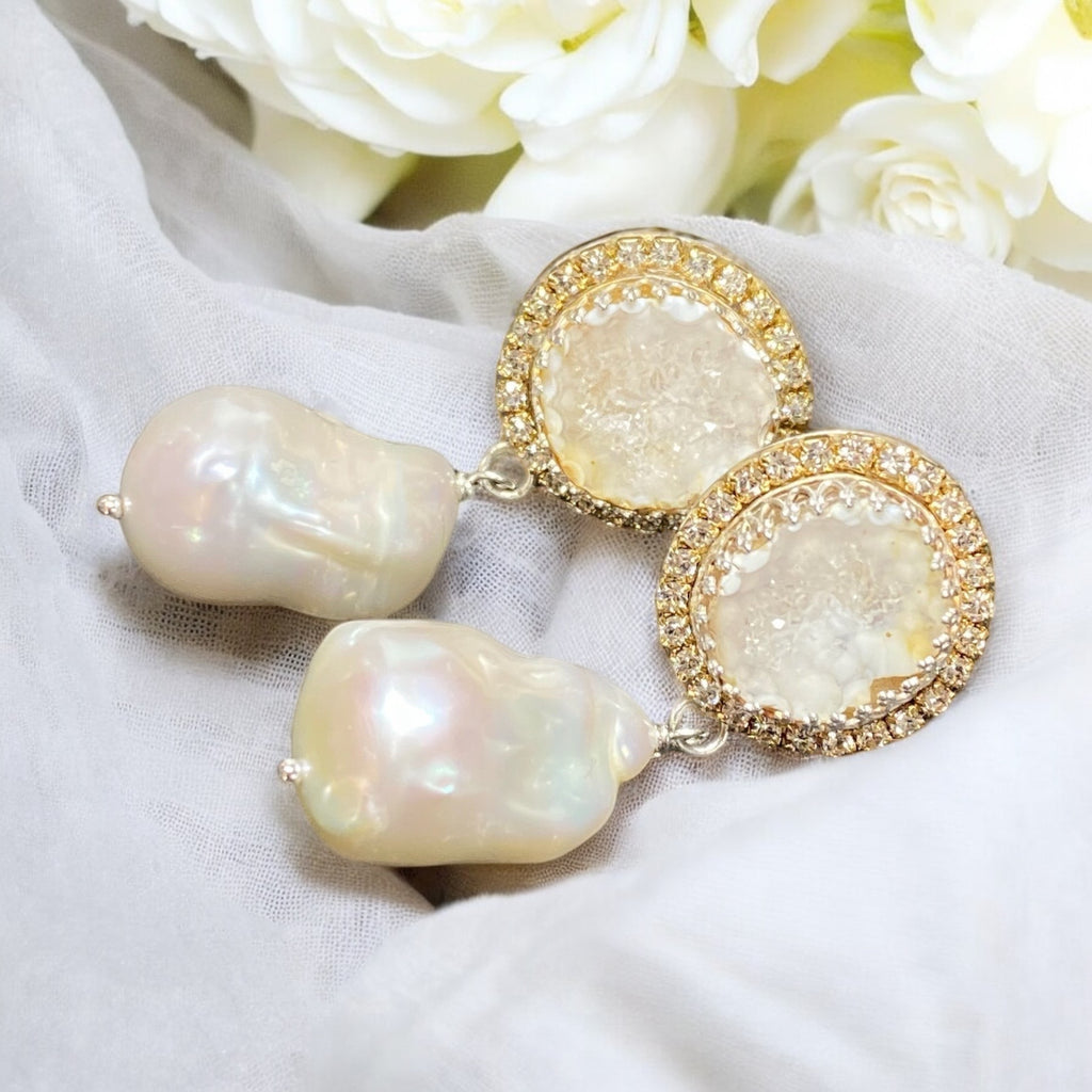 Handmade Ivory White Tabasco Geode Wedding Earrings Post with Baroque Pearl Drops