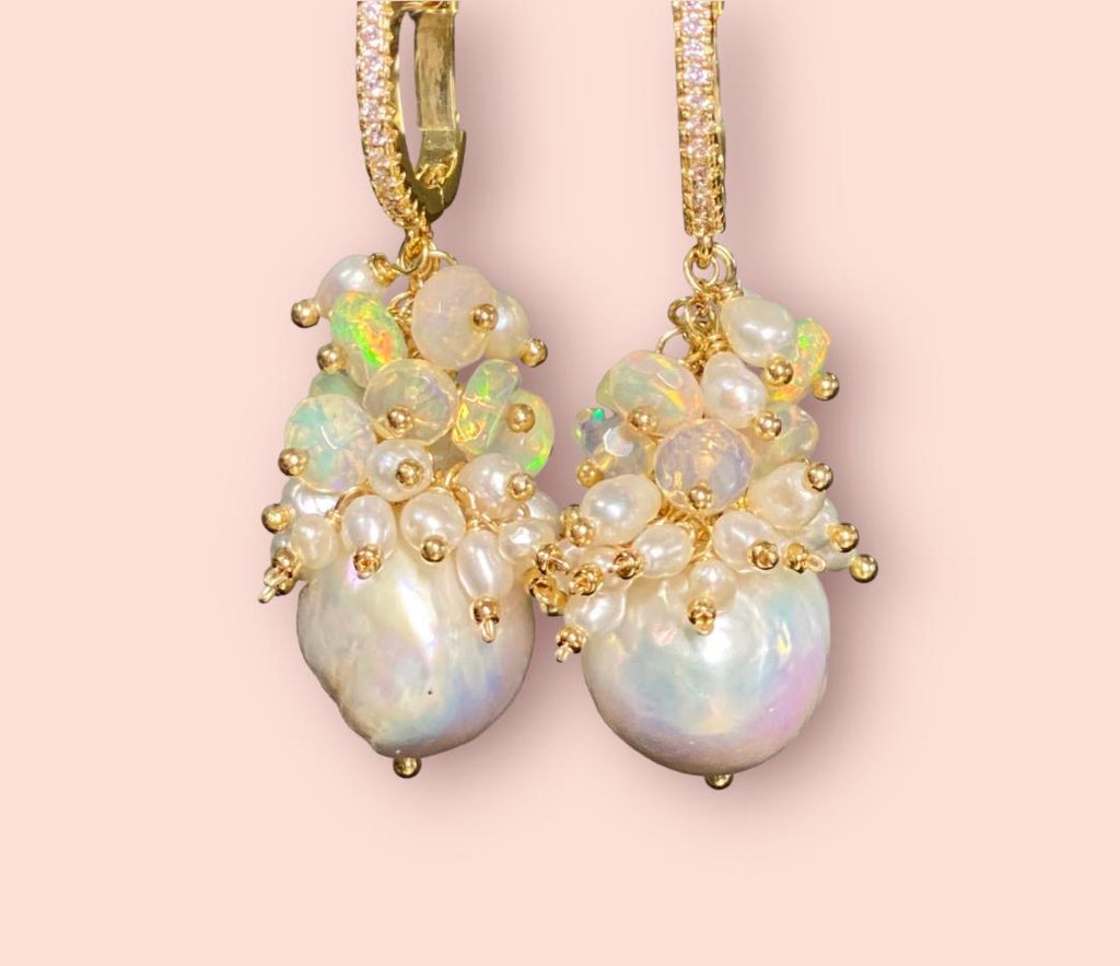 White Edison high luster pearls with cascading clusters of opals and pearls