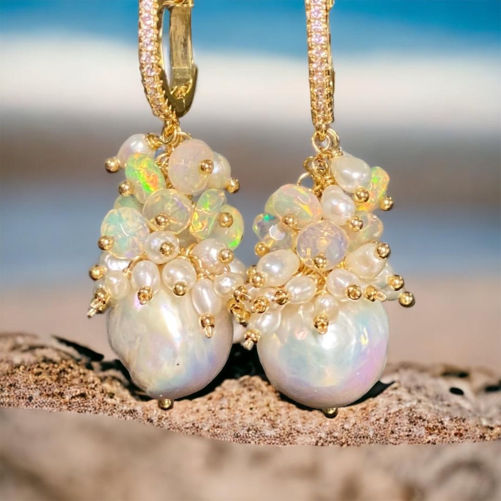 Bridal wedding earrings in gold with white pearls with lavish clusters of opals and pearls in gold fill