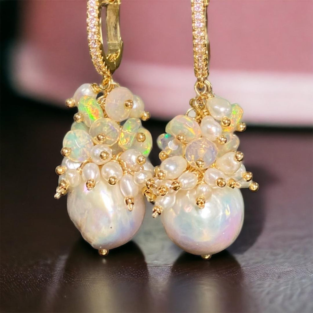 Statement Pearl earrings for special occasions and wedding with Edison baroque pearls, clusters of opals and pearls
