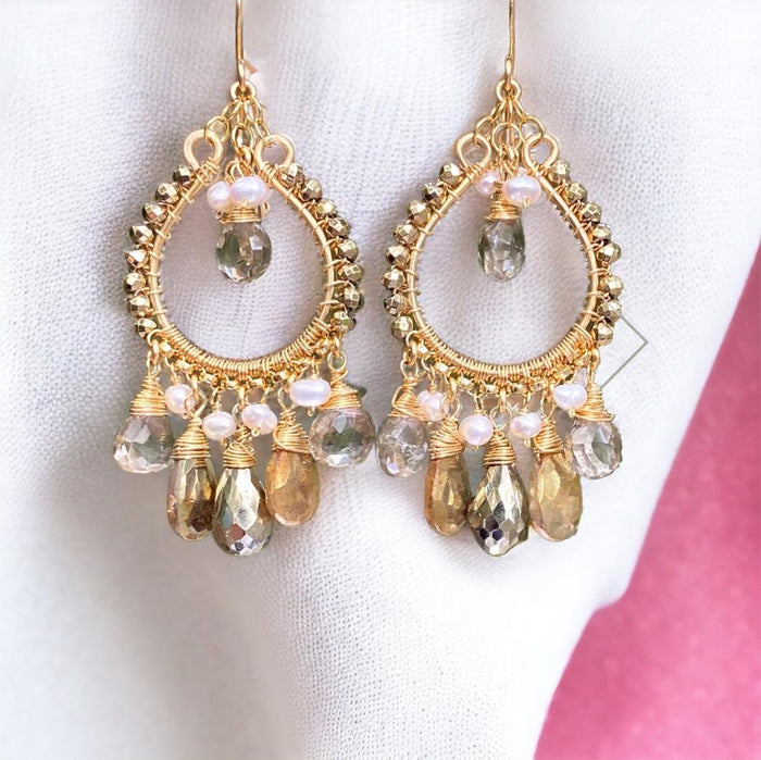 Gold Hoop Earrings with Pyrite, Gold Labradorite, Smokey Quartz Post Style