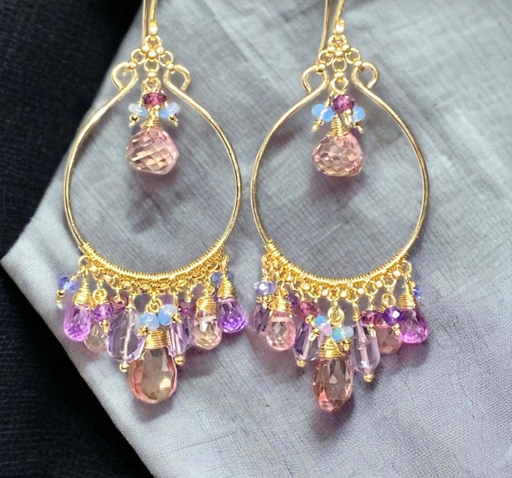 gold fill chandelier earrings with pink and lavender gemstones