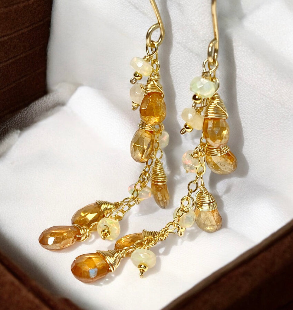 Golden Topaz and Ethiopian Opal Dangle Earrings Gold Fill 2