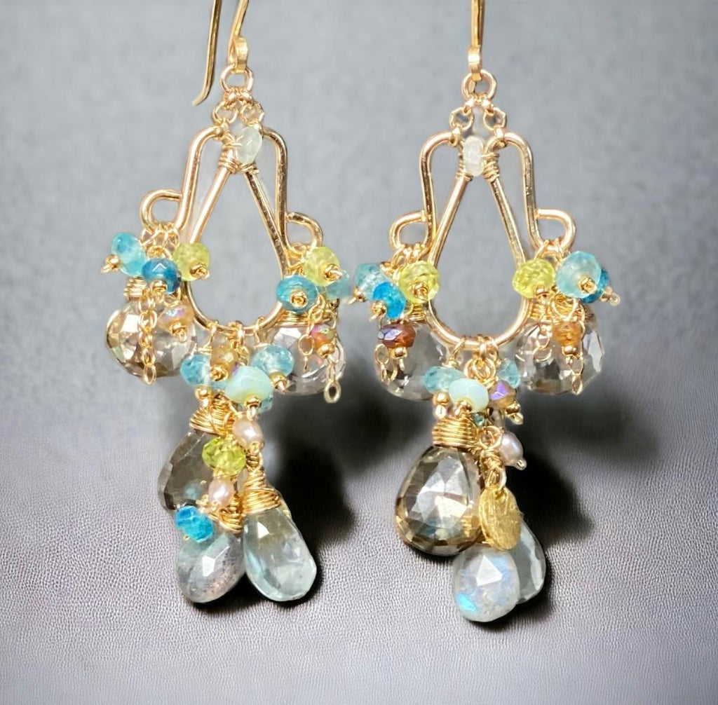 Gold Filled Gemstone Chandelier Earrings Moss Aquamarine, Smokey Quartz, Apatite