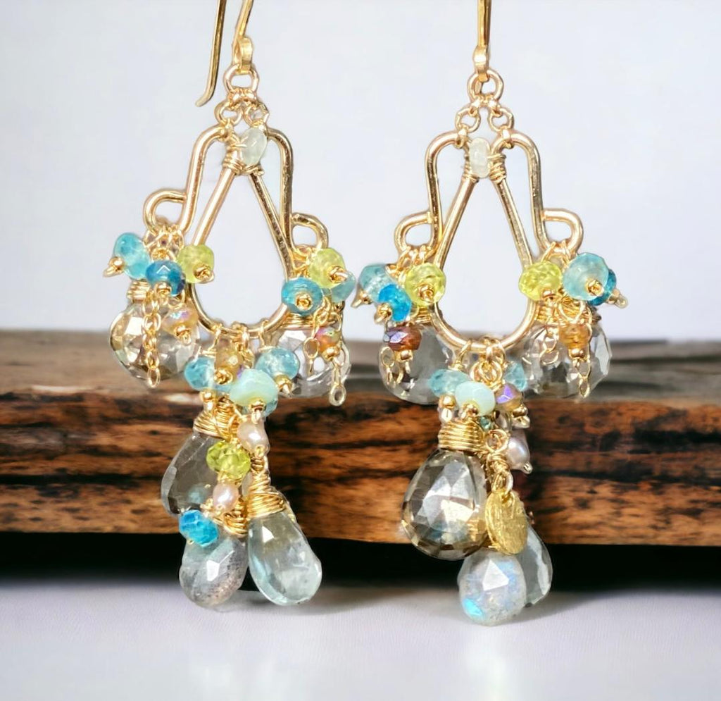 Gold Filled Gemstone Chandelier Earrings Moss Aquamarine, Smokey Quartz, Apatite