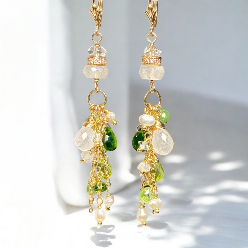 Green Gemstone Boho Dangle Earrings Peridot Chrome Diopside Tsavorite Gold 3