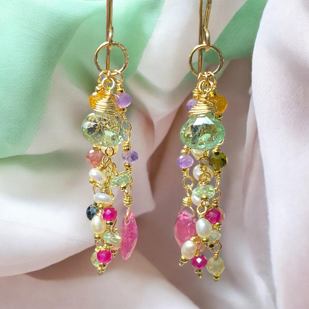 Green Tourmaline Pink Sapphire Gemstone Long Boho Dangle Earrings Gold Fill - Doolittle