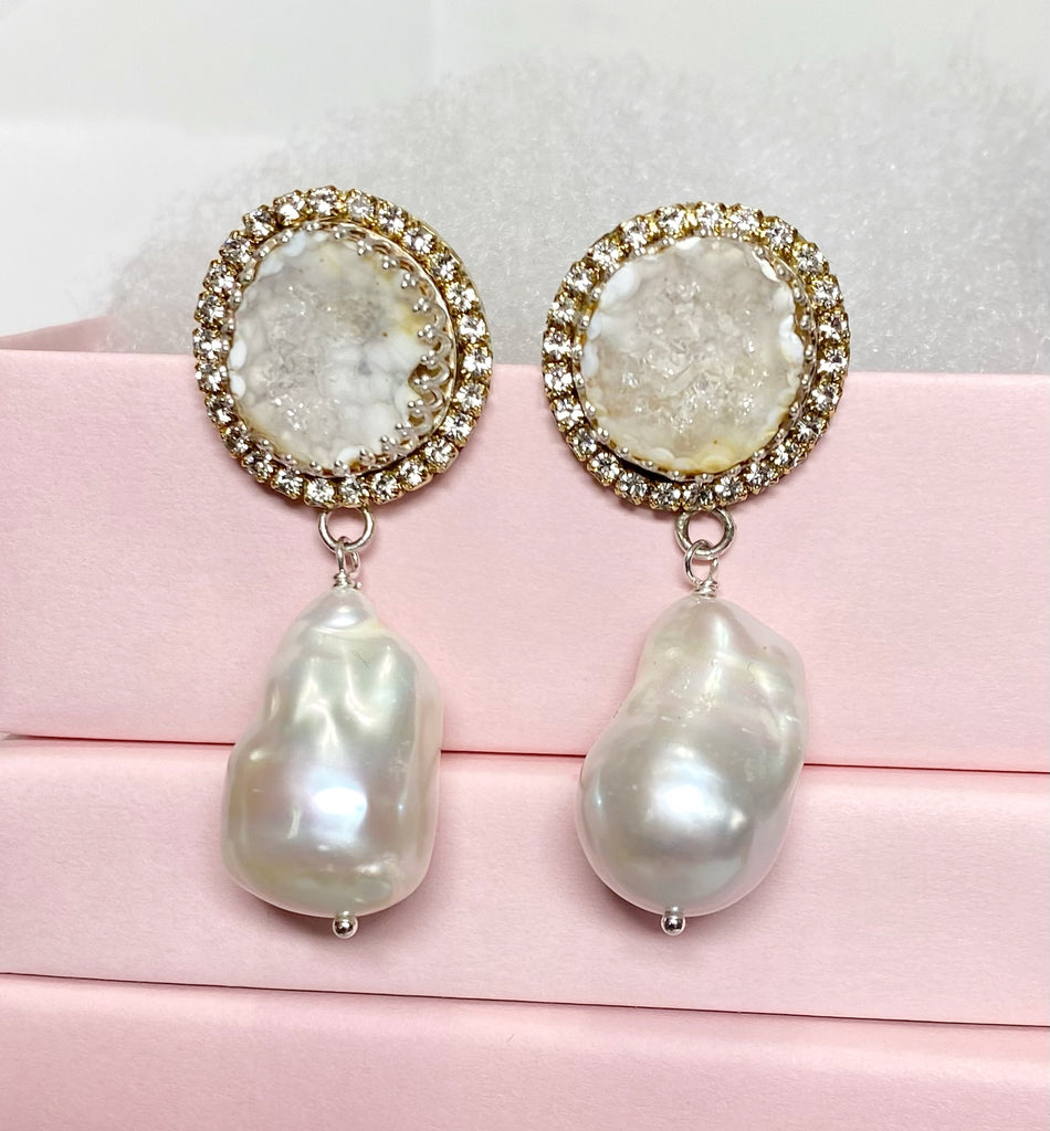 Handmade Ivory White Tabasco Geode Wedding Earrings Post with Baroque Pearl Drops